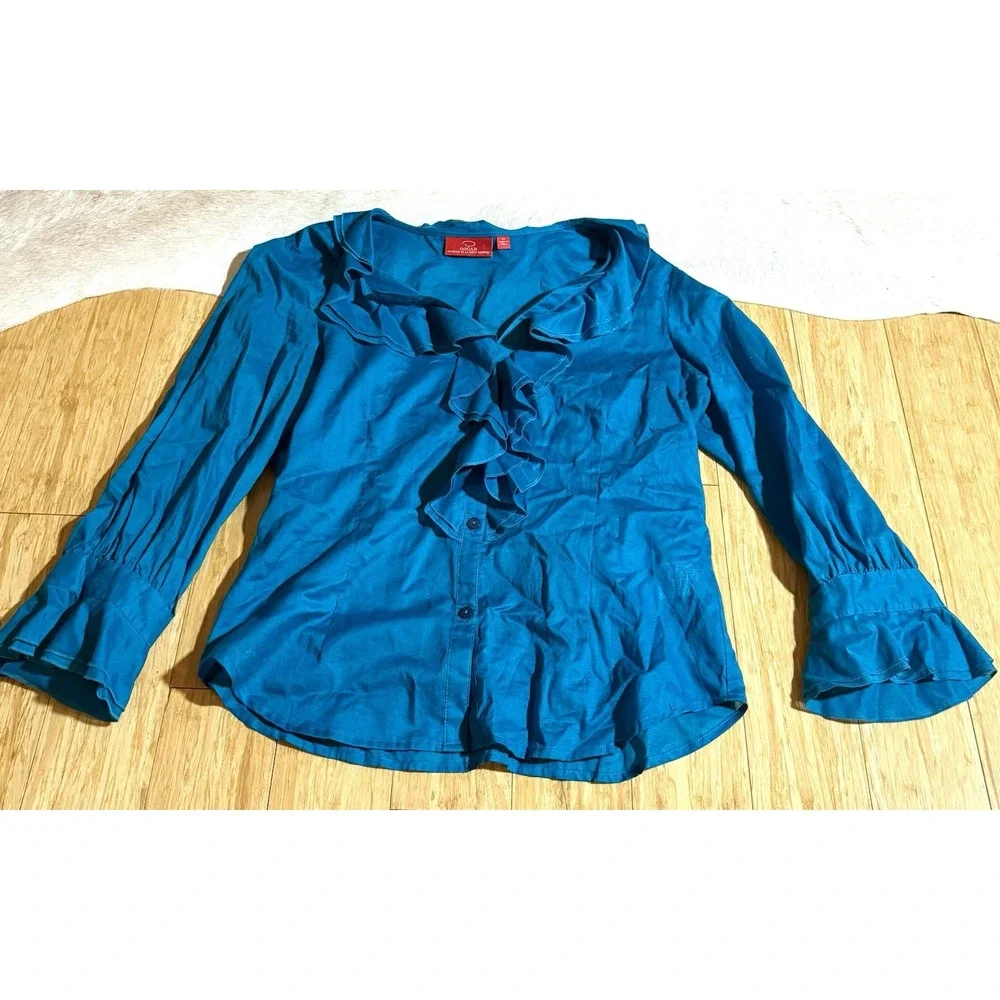 OSCAR DE LA RENTA blue cotton sleeveless ruffle front button blouse Size 12 $228