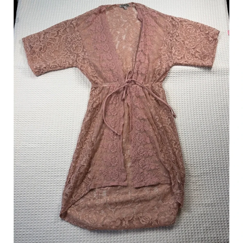Charlotte Russe Pink Floral Lace Kimono Cardigan Sheer Tie Waist‎ High Low Small