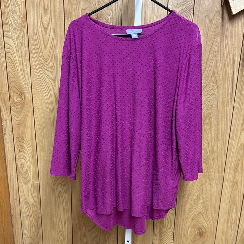 Laura Scott Swiss Dot Purple Top 3/4 Sleeve 2X