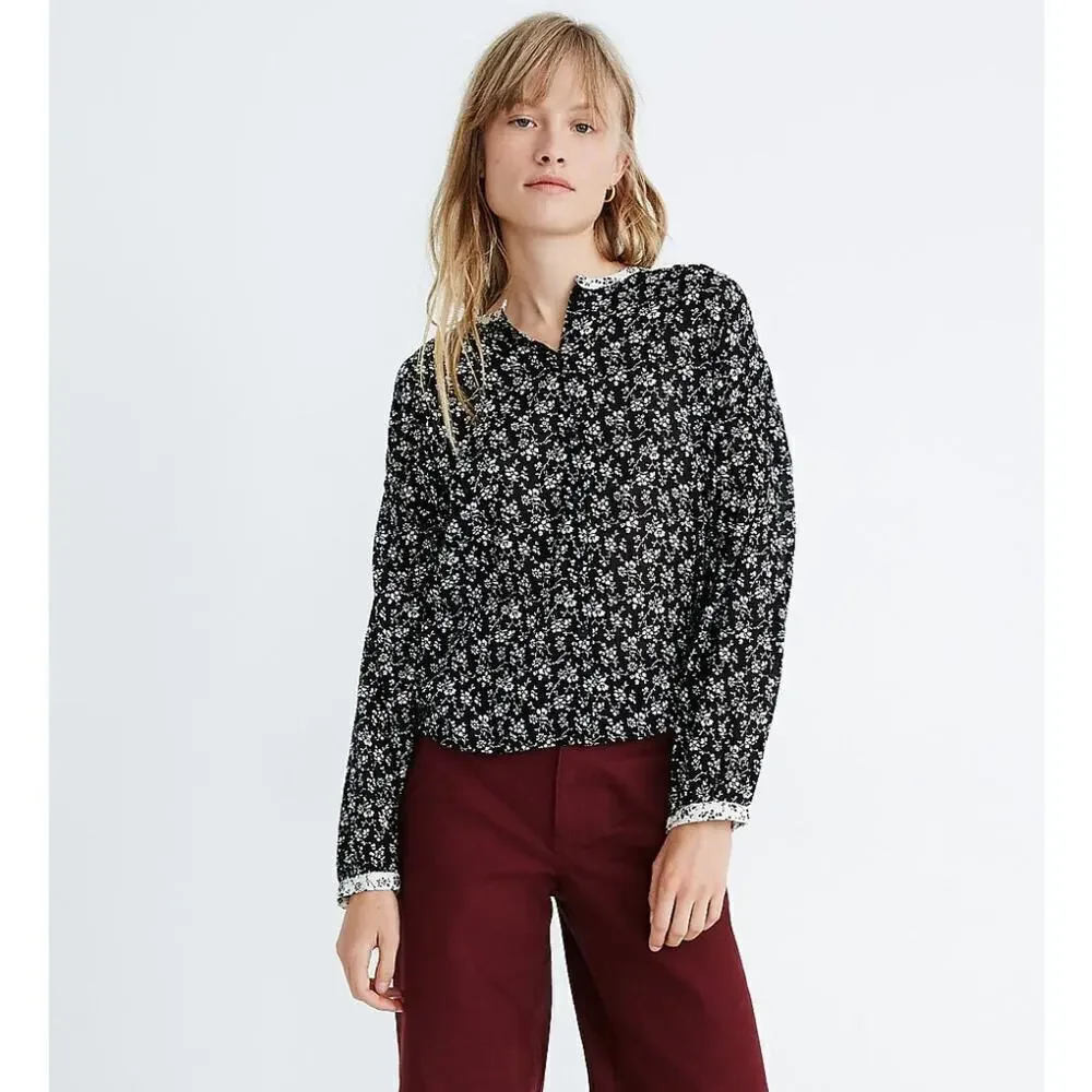 Madewell Top Small Black Meadow Branch‎ Floral Print-Mix