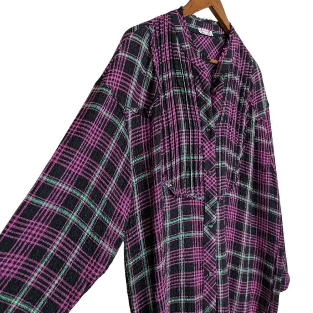 Free People Plaid About You Sleep Flannel Top XS Oversized Button Pink Black