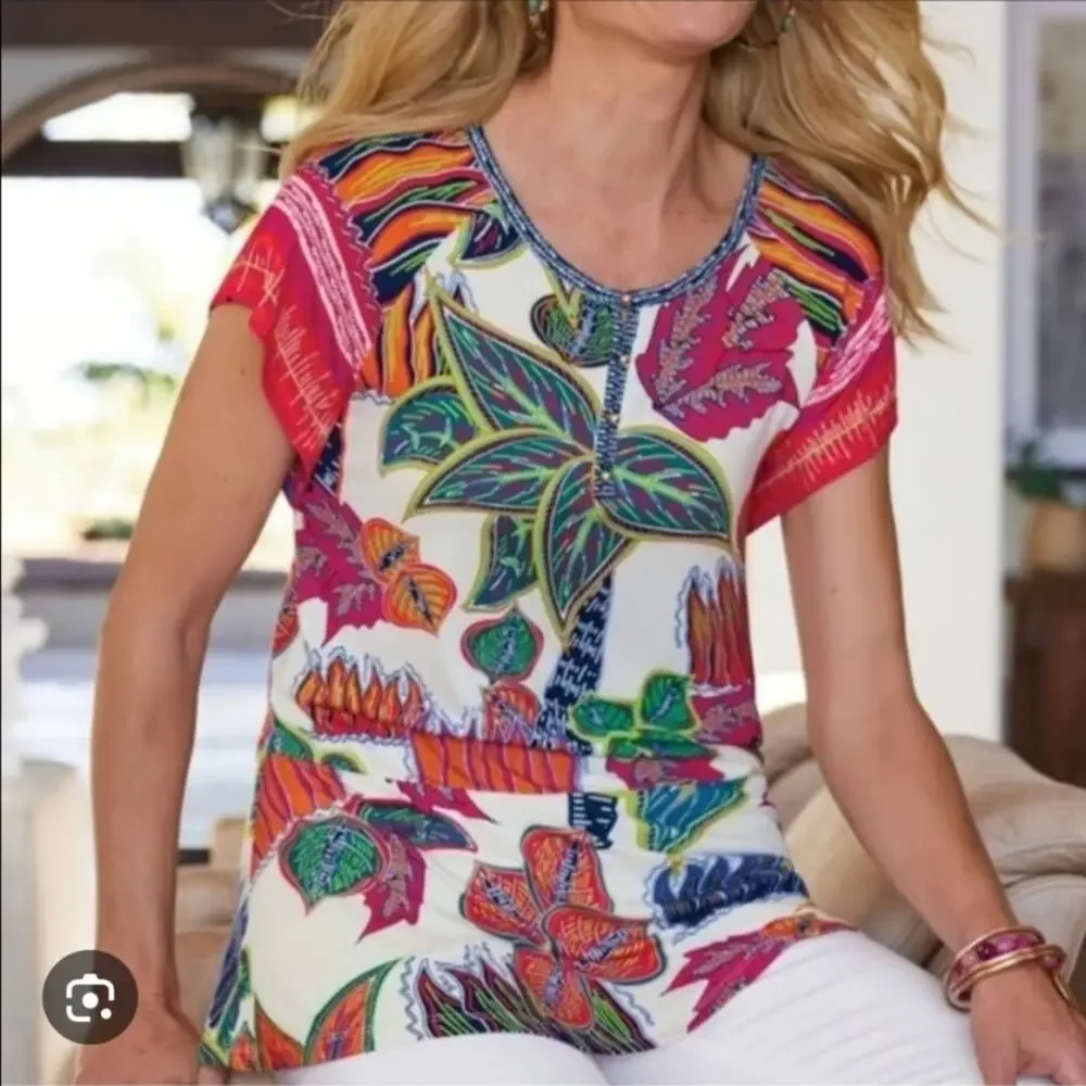 Soft Surroundings Tigerwood Tunic Top XL Tropical Floral Resort Travel Henley