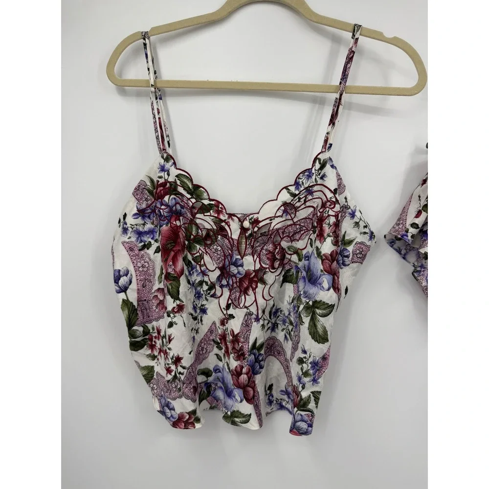 Vtg Victoria's Secret Pajama Set L White Floral Gold Label Camisole‎ Tap Shorts