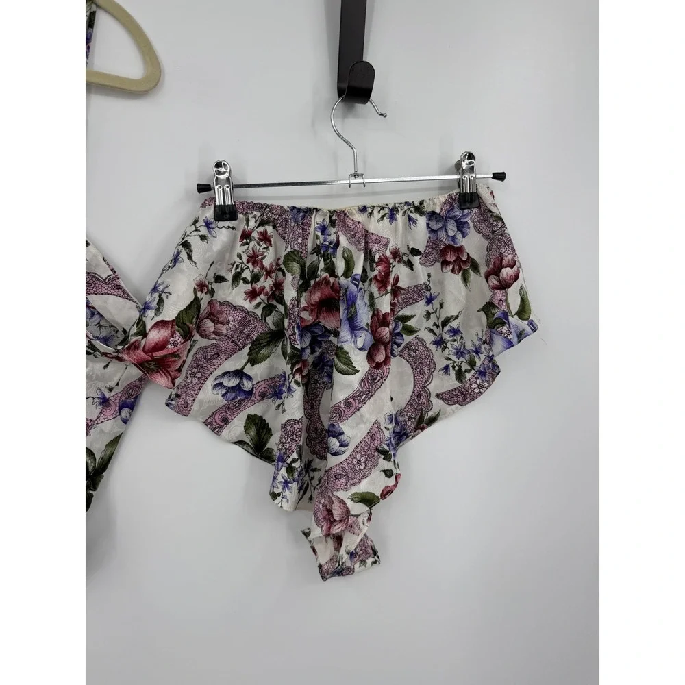 Vtg Victoria's Secret Pajama Set L White Floral Gold Label Camisole‎ Tap Shorts