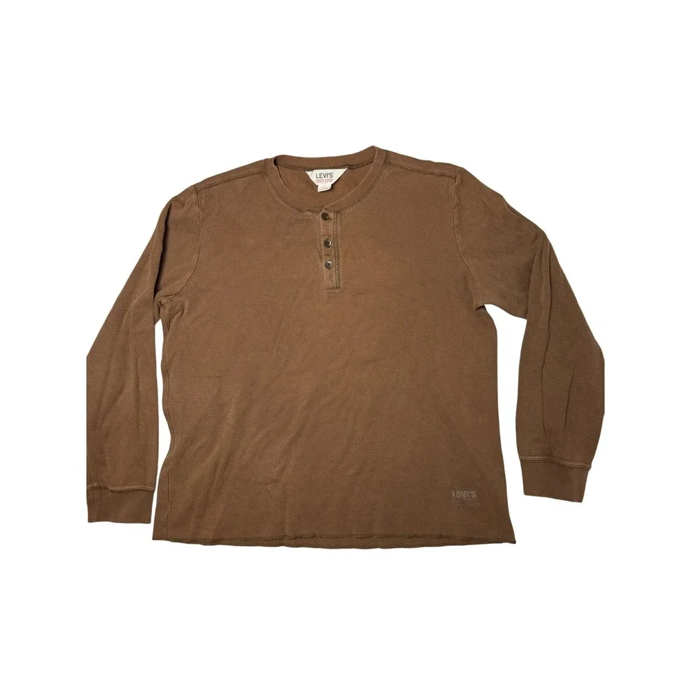 Levis Red Tab Mens Large Brown Waffle Knit Thermal Henley Long Sleeve Shirt