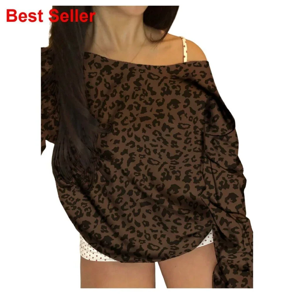 Off Shoulder Leopard Print Sweatshirt, Loose Fit Pullover, Streetwear Casual