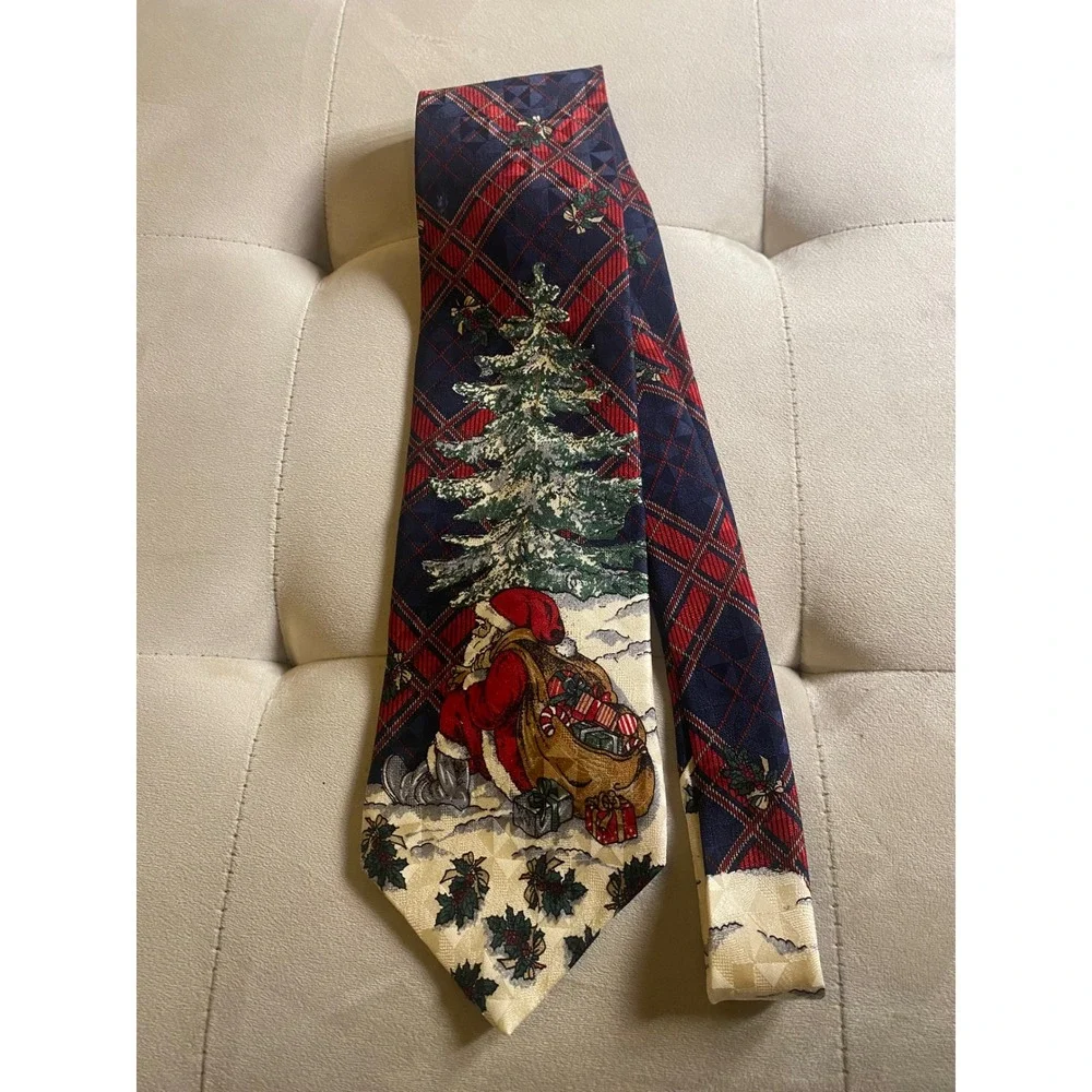 Zianetti Mens Christmas Tie Italian Silk‎ Plaid Santa Claus Holiday Navy Red