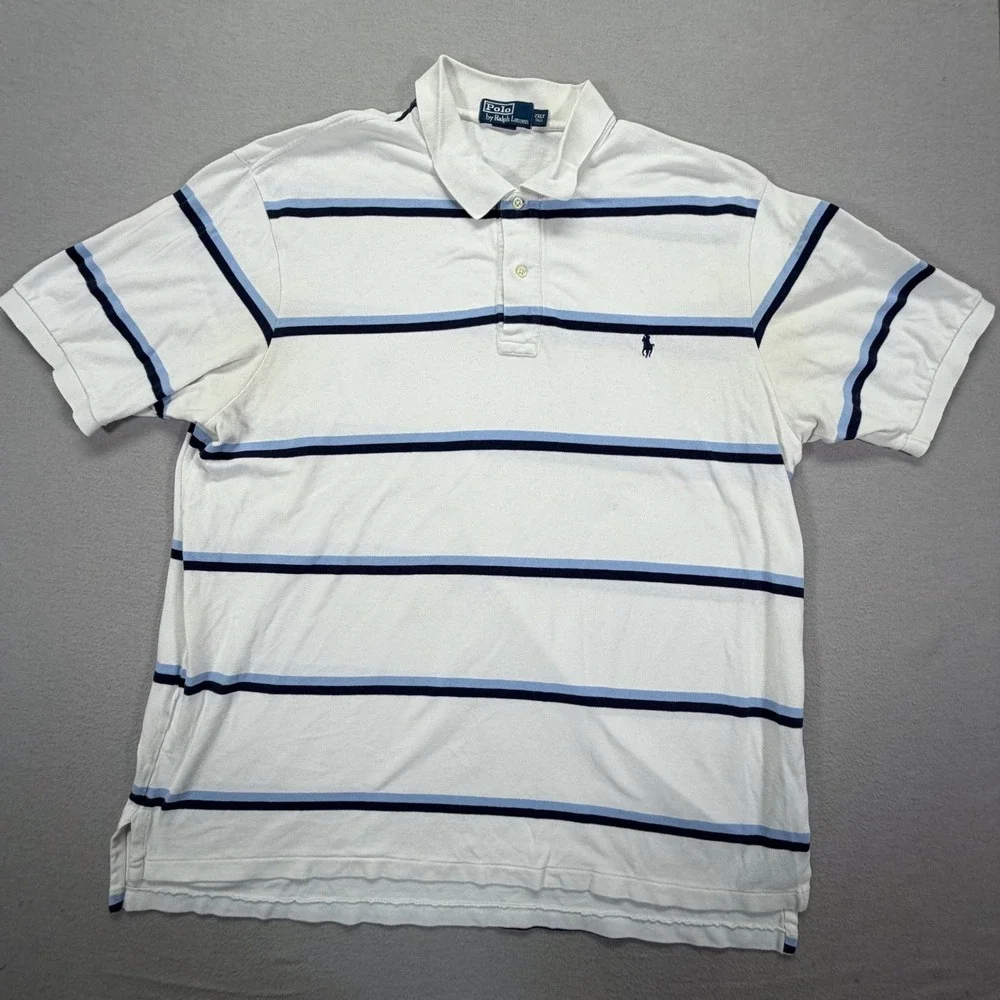 Polo Ralph Lauren Mens Polo Shirt Tall White Blue Striped Pique 2XLT
