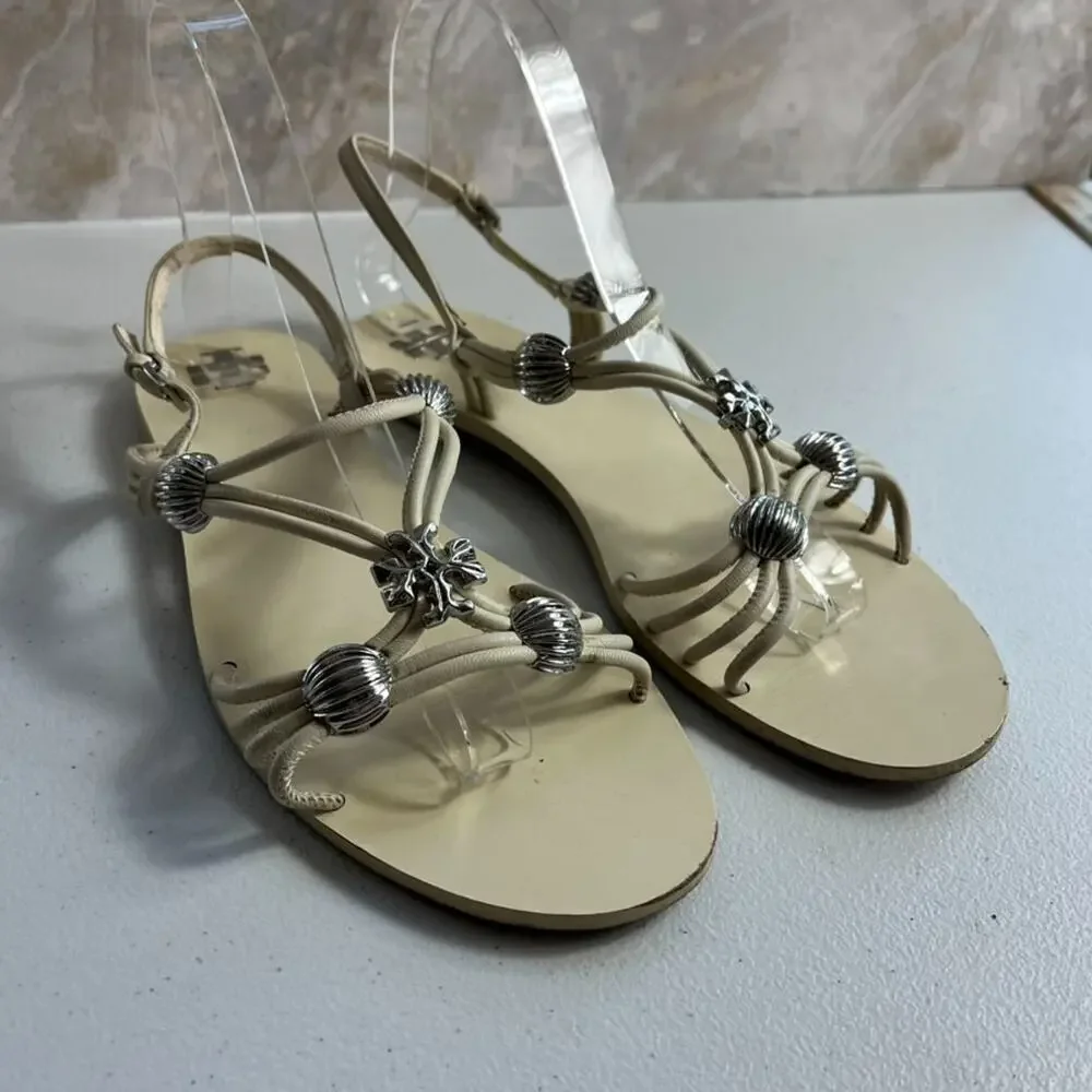 Tory Burch Sandals Women's 8.5 M Capri Multi Strap Ivory Leather Silver Charms