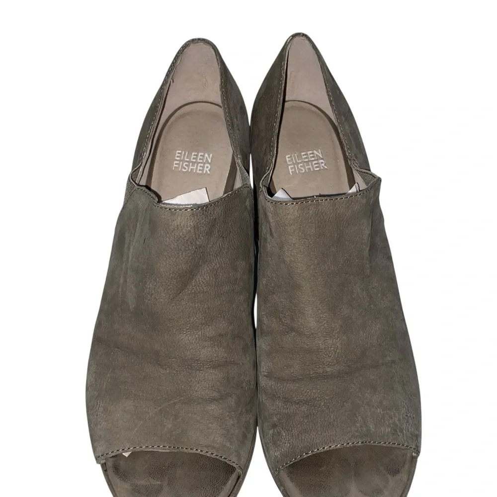 Eileen Fisher Milton Tumbled Nubuck Leather Size 8.5 Peep Toe Heel Graphite