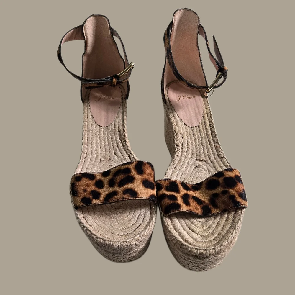 J Crew Espadrille Wedge Sandals Brown Tan Leopard Calf Hair Platform 10
