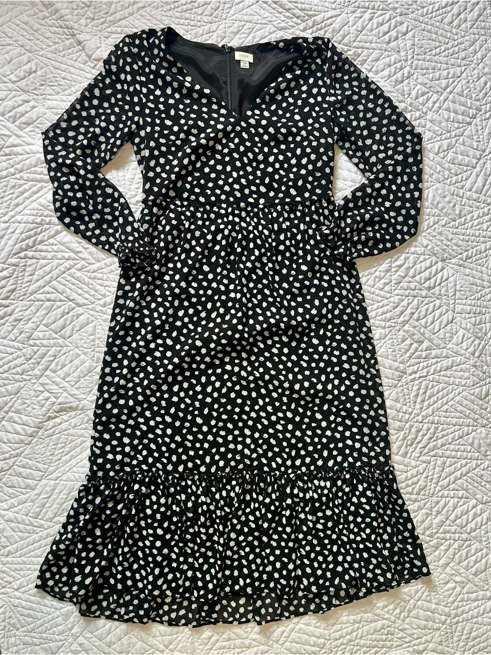 J. Crew Black & White Polka Dot Long Sleeve Midi Dress With Ruffle