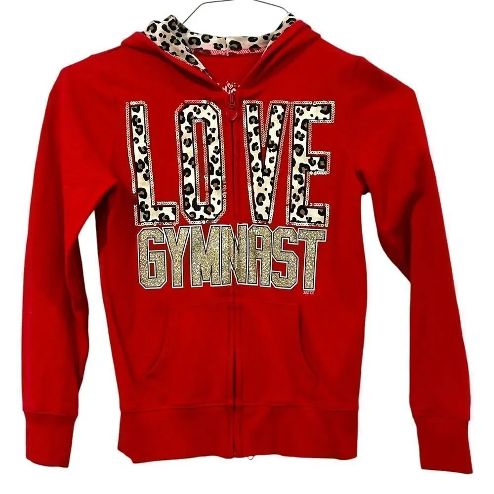 Justice Red Leopard‎ SPARKLE  Zip Up Jacket Youth Girls Size 8 Gymnastics Cheer