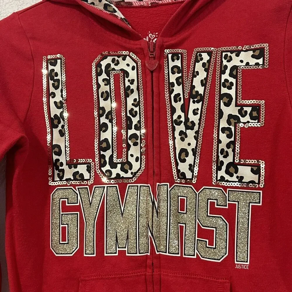 Justice Red Leopard‎ SPARKLE  Zip Up Jacket Youth Girls Size 8 Gymnastics Cheer