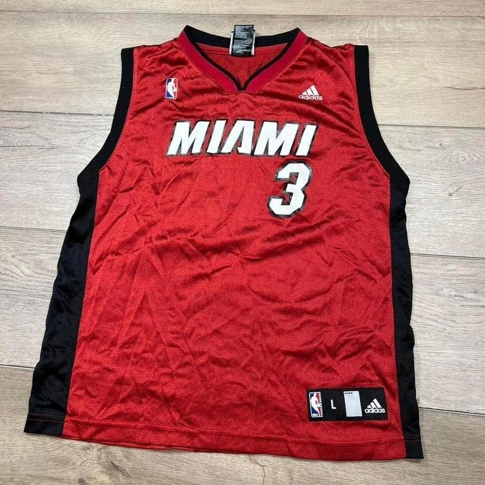 Adidas Miami Heat Jersey Youth Dwyane Wade 3 Red NBA Basketball Large 14-16