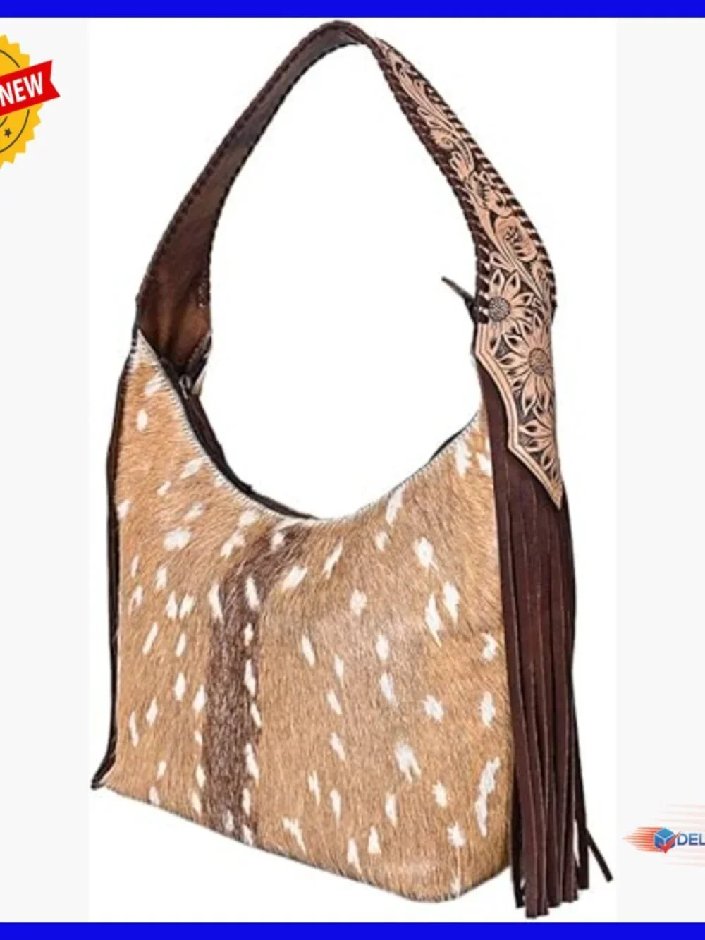 Hand Tooled Floral Leather Hobo Bag with Fringes & YKK Zipper