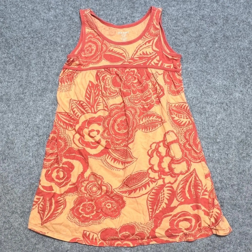 Old Navy Girls Orange‎ Floral Sleeveless Cotton Knit Dress Size L 10-12 1979
