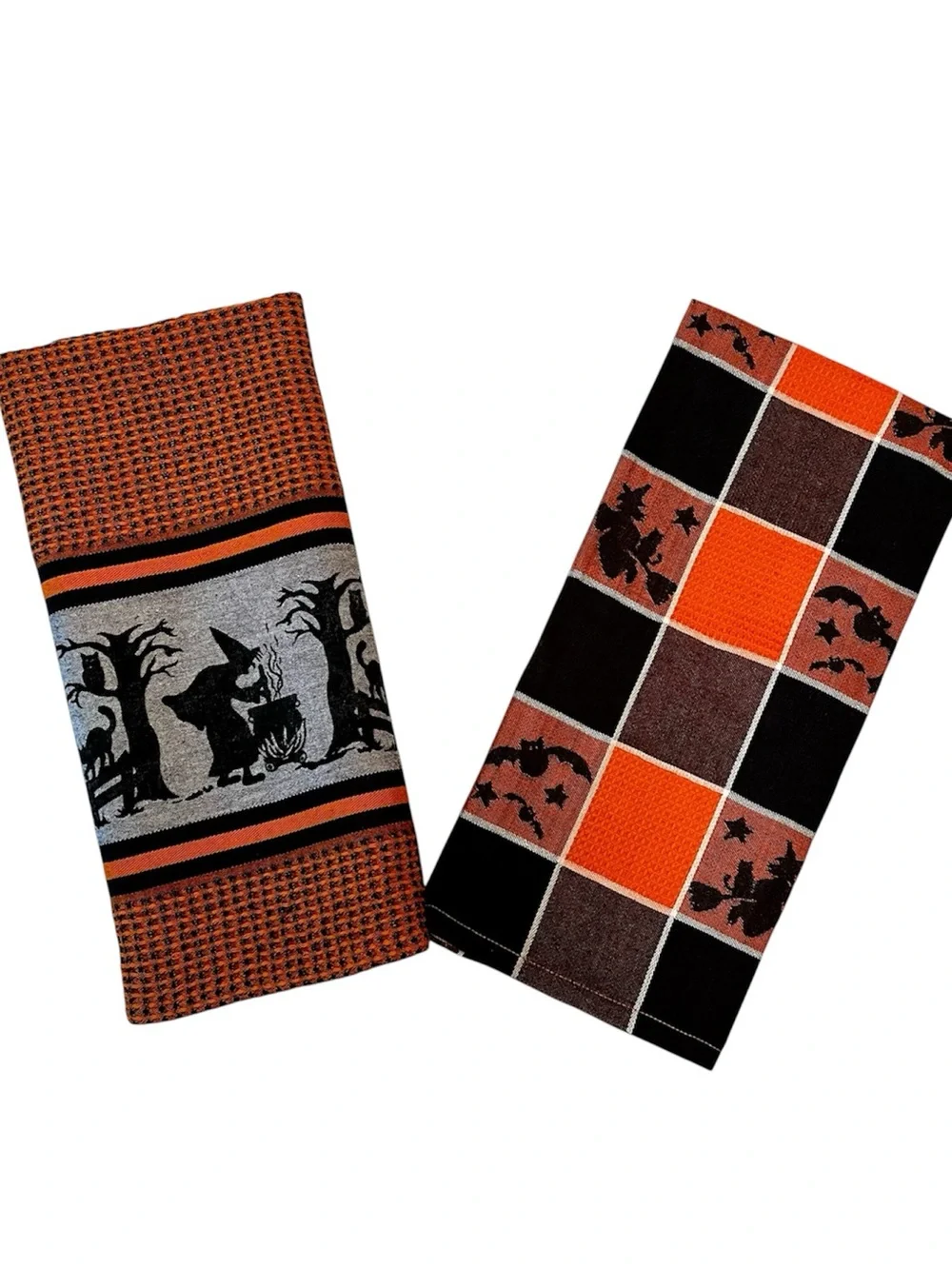 VTG 90s Old World Buffalo Check Spooky Halloween Hand Towels Witch Black Cat Bat