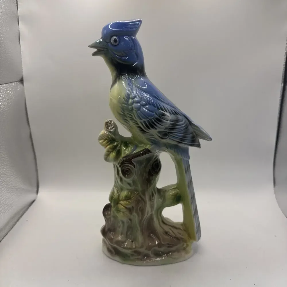 Vintage Porcelain Blue Jay Perched On Tree Stump *