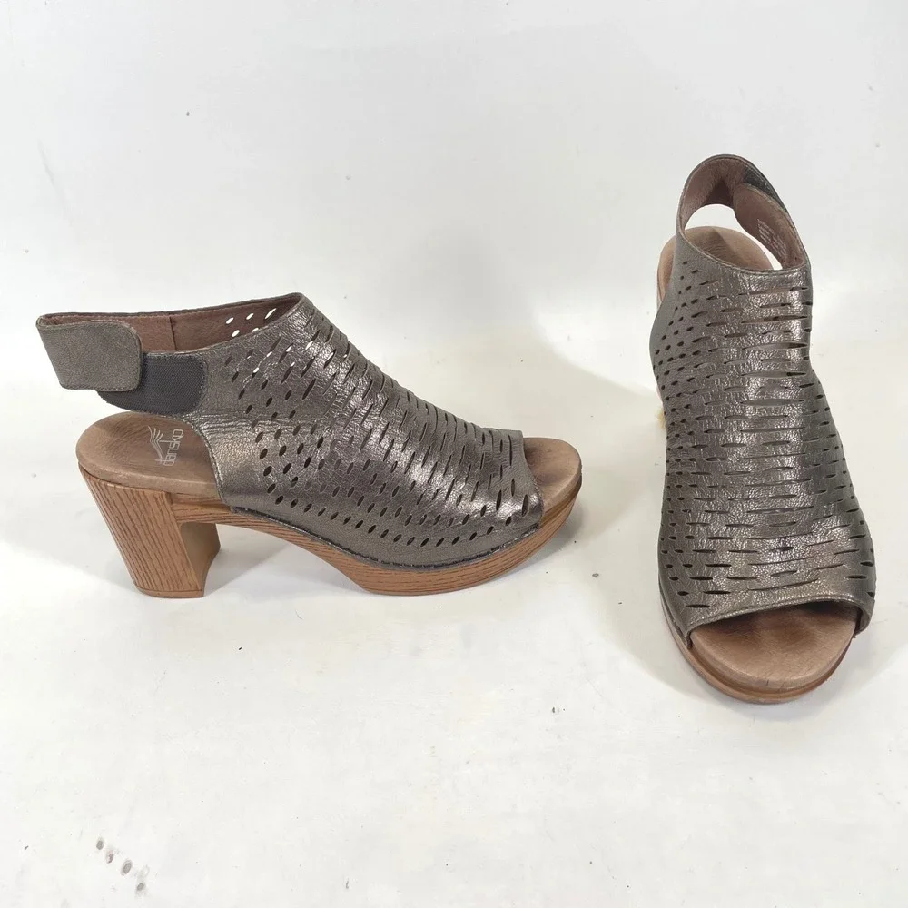 Dansko Womens Metallic Bronze Leather Laser Cut Block Heel Sandals Size 40