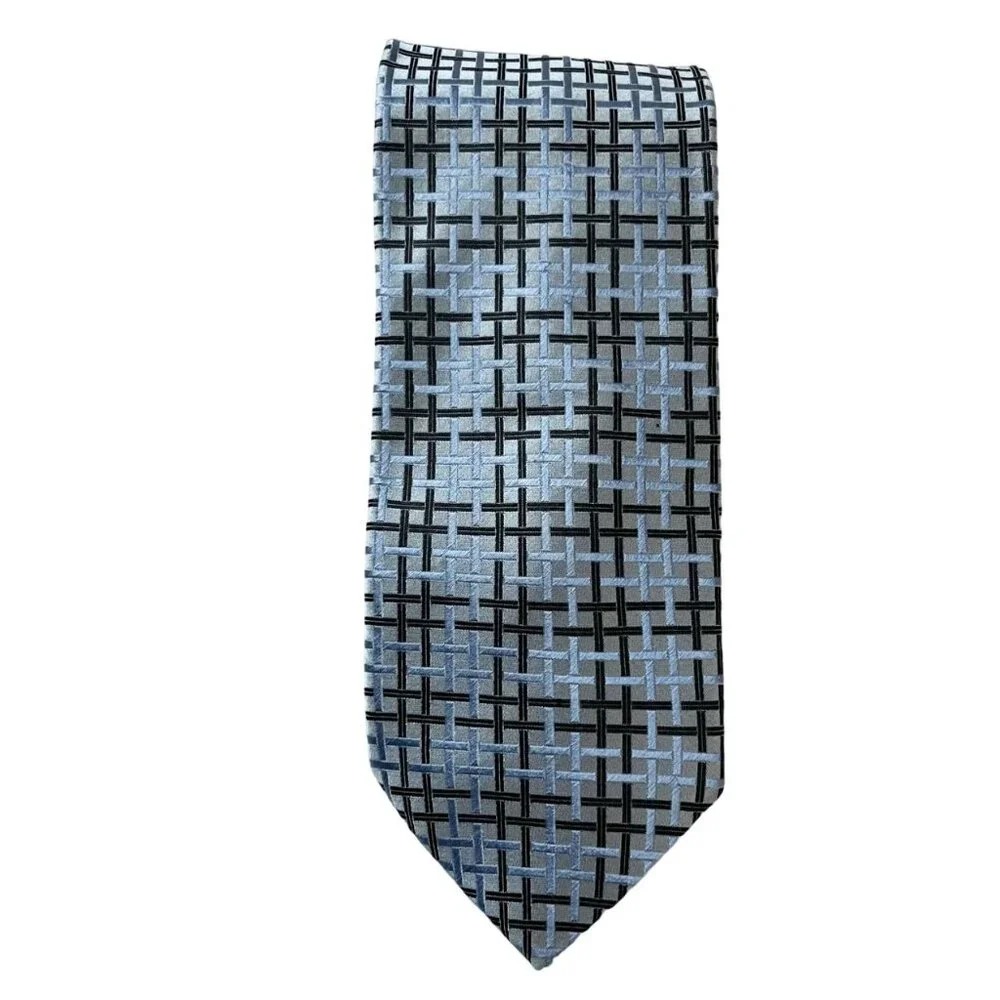 Ermenegildo Zegna Blue Jacquard Geometric Grid Plaid‎ Tie Silk