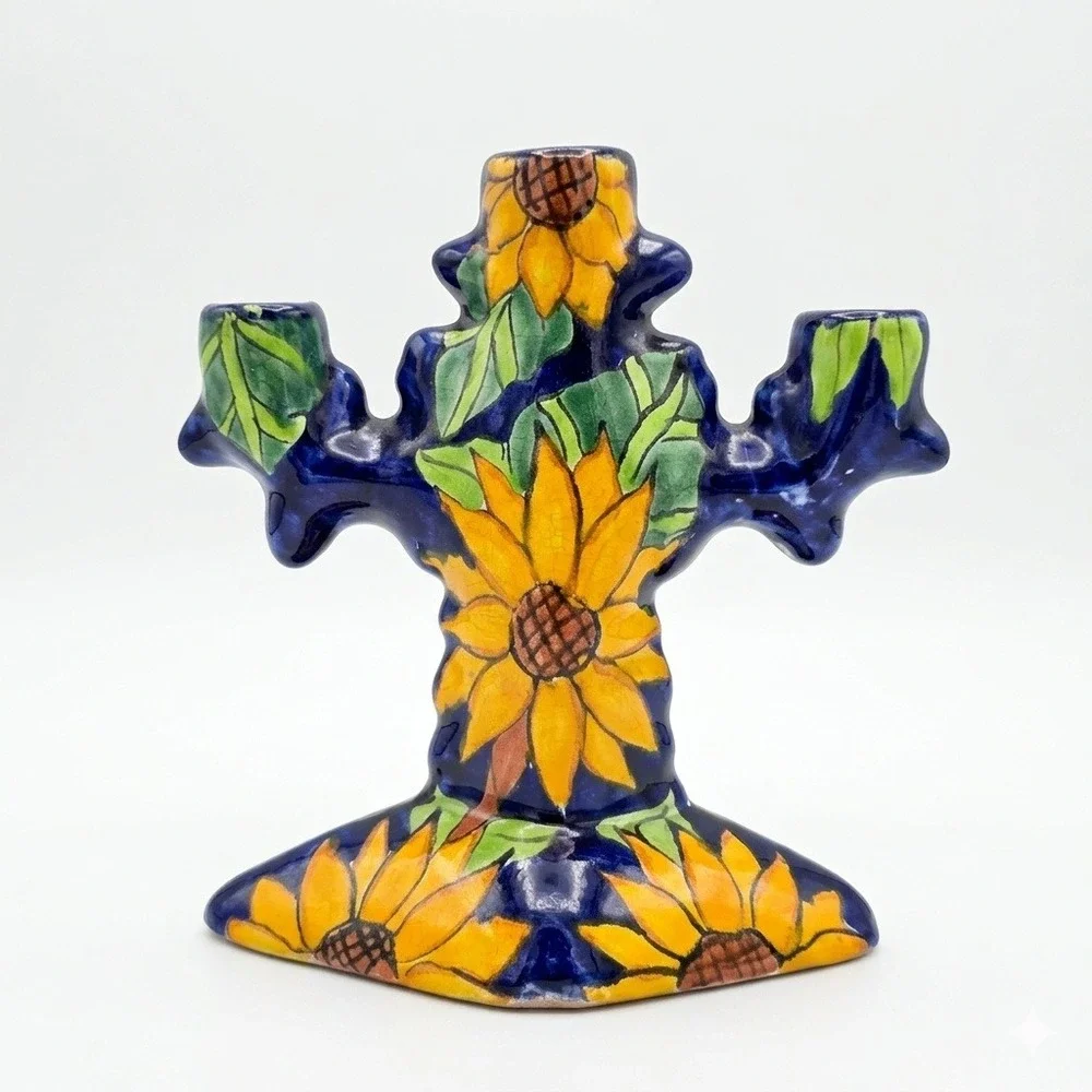 Vtg T. Ruth Mexico Talavera Pottery 3-Arm Candelabra Sunflower Hand Painted‎ 8