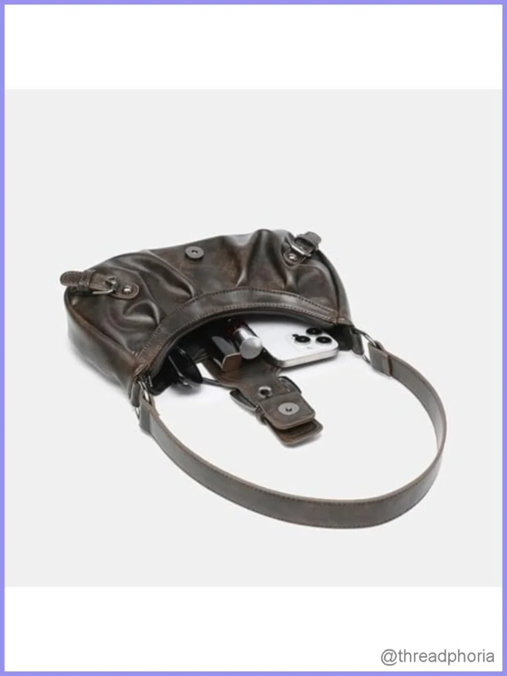 Y2K Faux Leather Hobo Shoulder Bag with Buckle Details Trendy Punk Purse