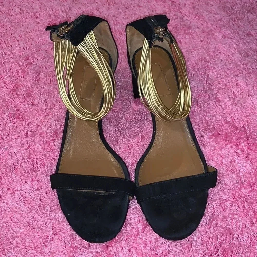 Aquazzura Black Gold Spin Me Heels Size 9