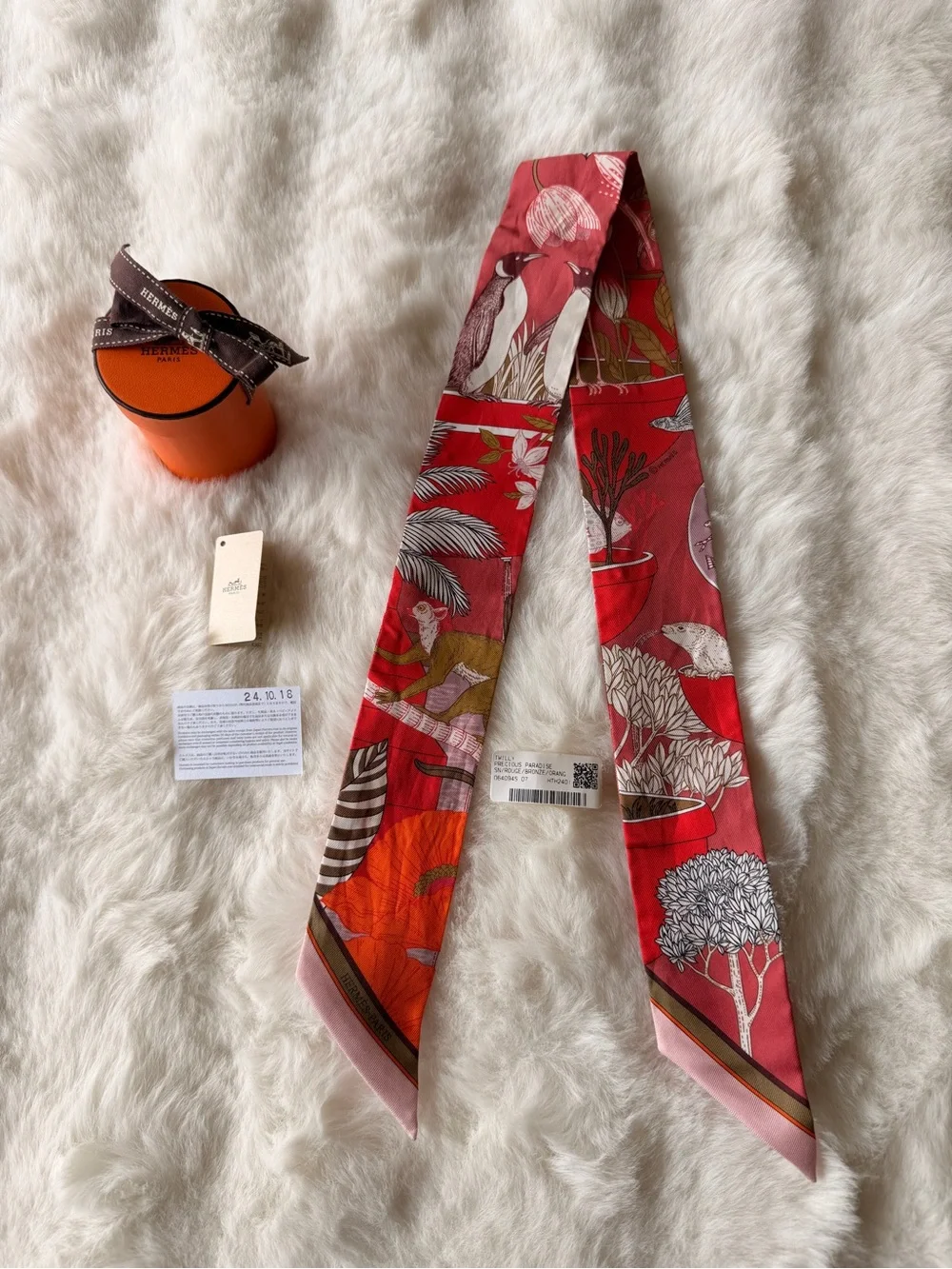 Hermès Precious Paradise Twilly Silk Scarf Rouge Bronze Orange
