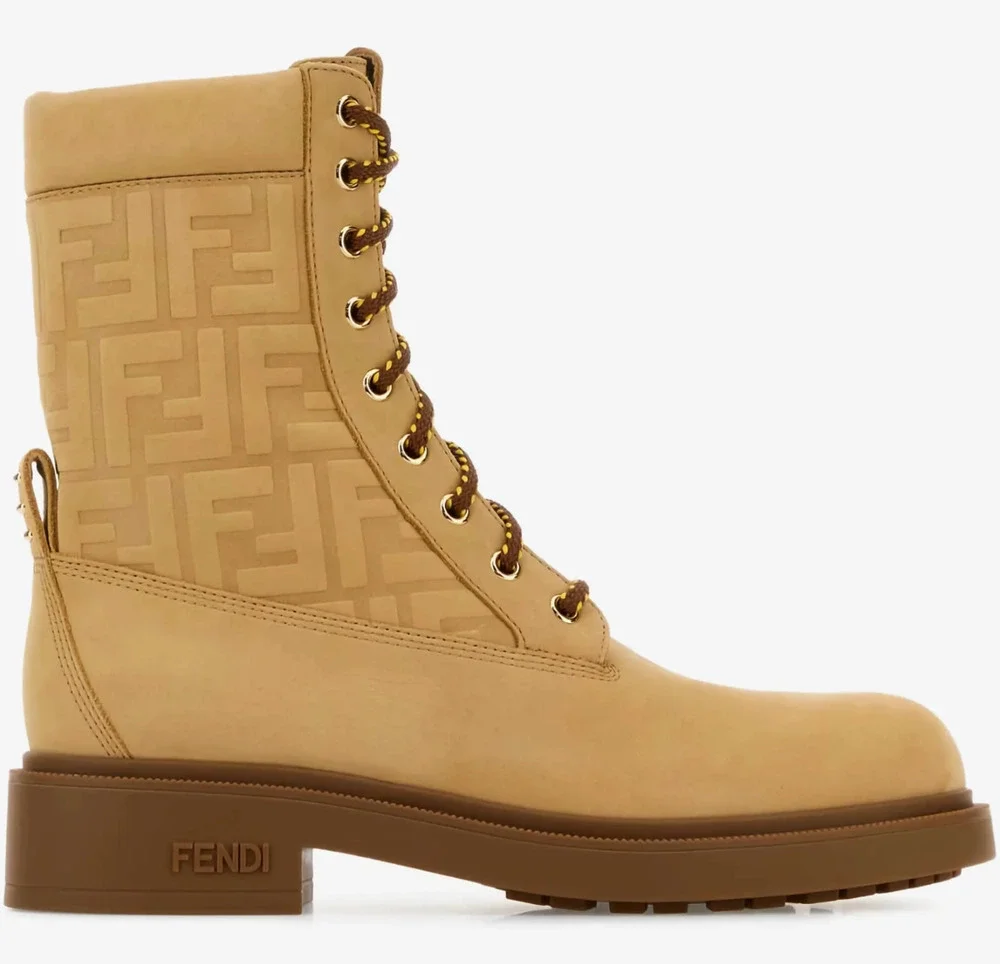 Fendi Filo Beige Nubuck FF Embossed Logo Lace Up Tie Logo Combat Biker Boot 37.5