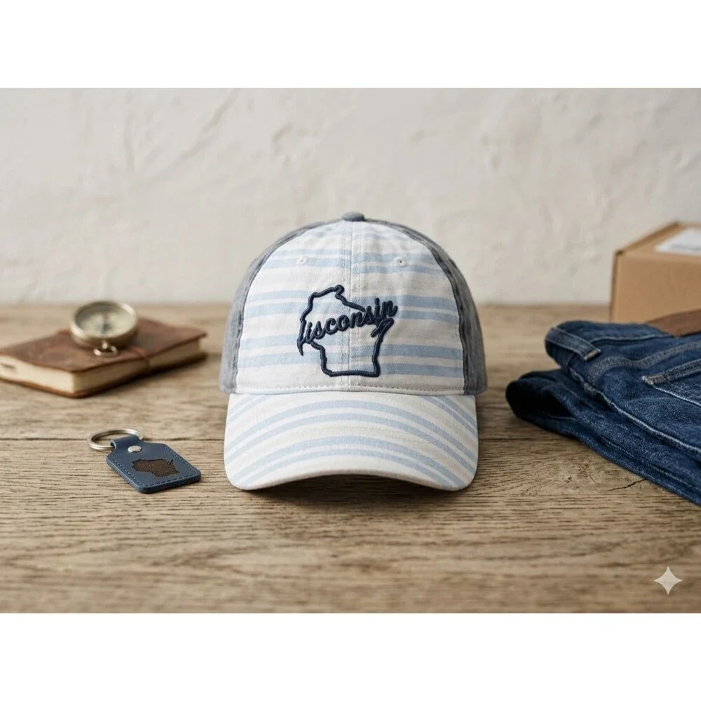 Vintage Wisconsin State Map Striped Baseball Cap Hat Blue White Distressed OSFA