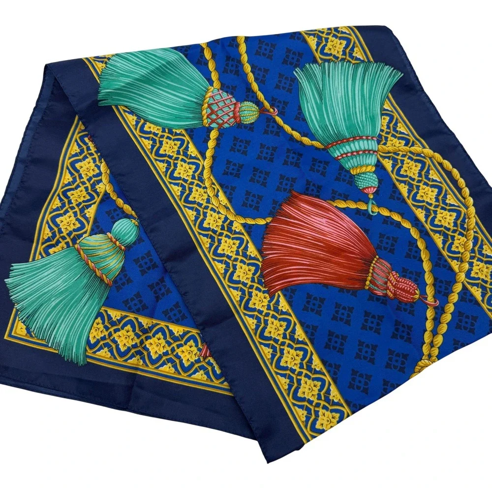 Vintage Royal Blue Tassel Rope‎ Print oblong Scarf Teal Red Neckerchief 30x30