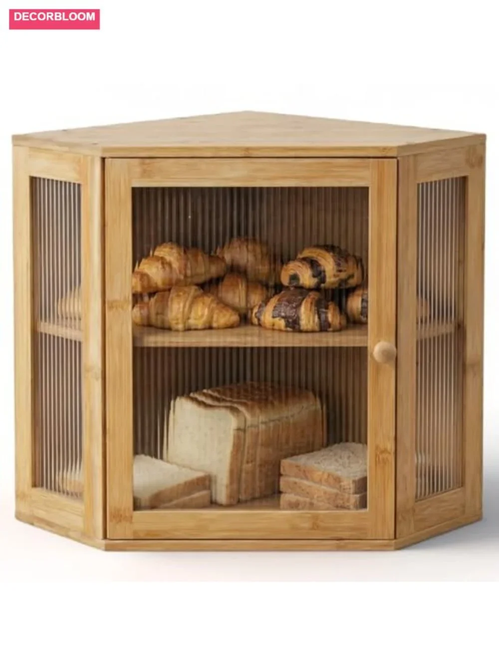 Corner Bamboo Bread Box with Lid - Two Layer Kitchen Countertop Storage