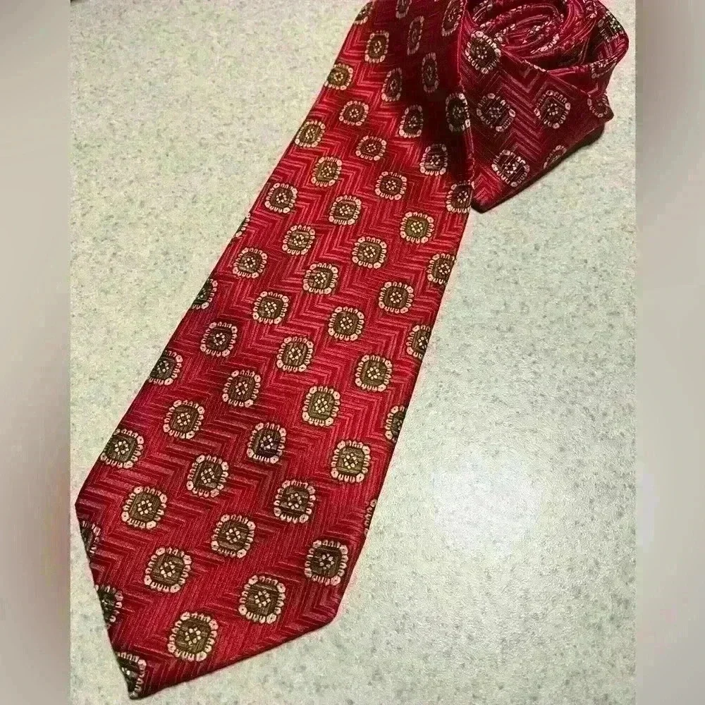 Robert Talbott Silk Necktie Red  Gold Square Print Handsewn