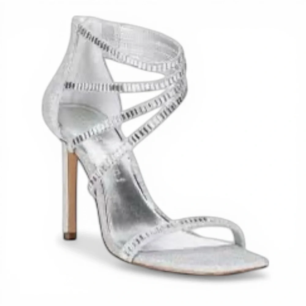 GIANNI BINI Silver Glitter Heels Women Strappy Rhinestone Sandals Size 9.5