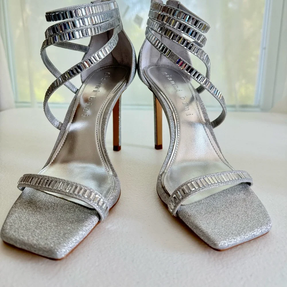 GIANNI BINI Silver Glitter Heels Women Strappy Rhinestone Sandals Size 9.5
