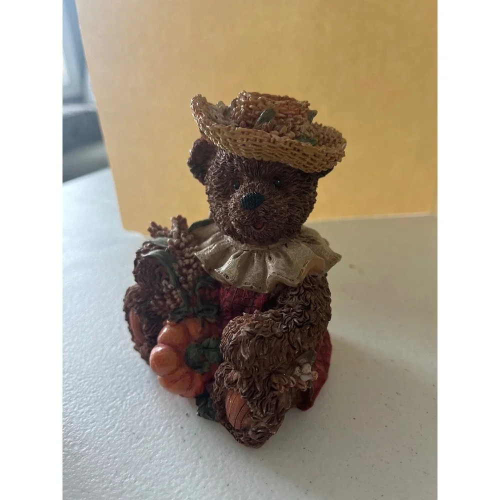 Harvest Teddy Bear Figurine Resin Pumpkin Straw Hat 2000 Vintage
