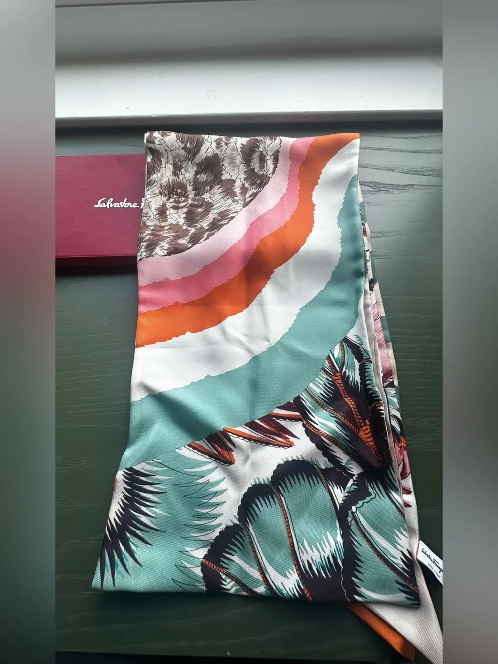 Salvatore Ferragamo reversible Brown Floral Silk Scarf with Cream Border -