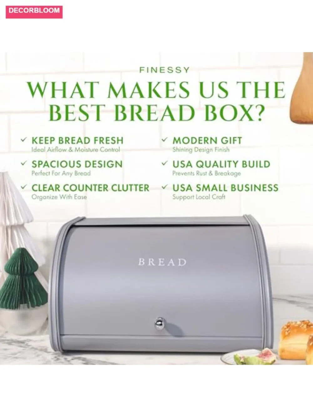 Metal Bread Box for Kitchen Countertop, Roll Top Stainless Steel Storage