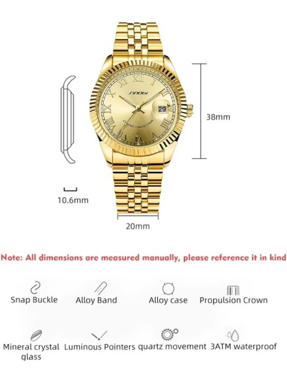 Men's Gold Luminous Hand Calendar Date Quartz Stainless Steel Round Wooden Watch