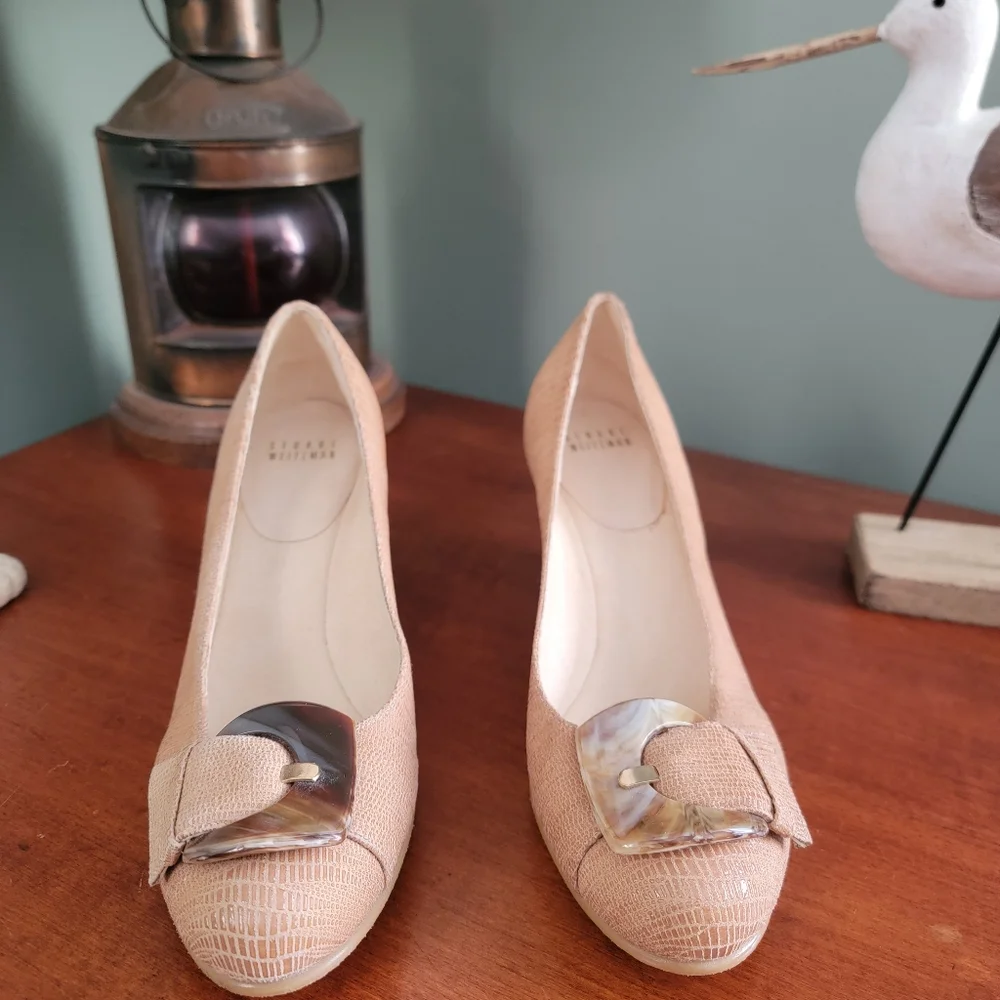 Stuart Weitzman Bucalina Lizard Embossed Leather Wedge Pumps Size 8 Tan