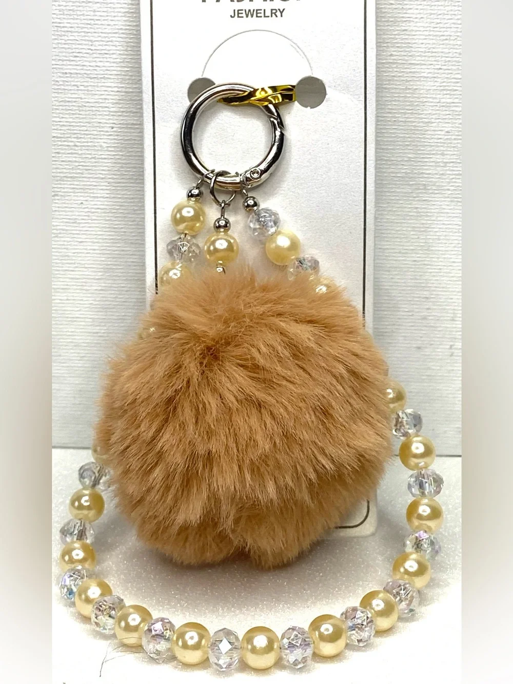 Faux Fur Pom Keychain with Pearl Bead Strap - Tan
