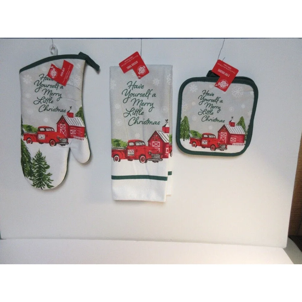 Christmas Holiday Kitchen Towels, Pot Holders, Oven Mitt 4pc Set -Truck & Barn