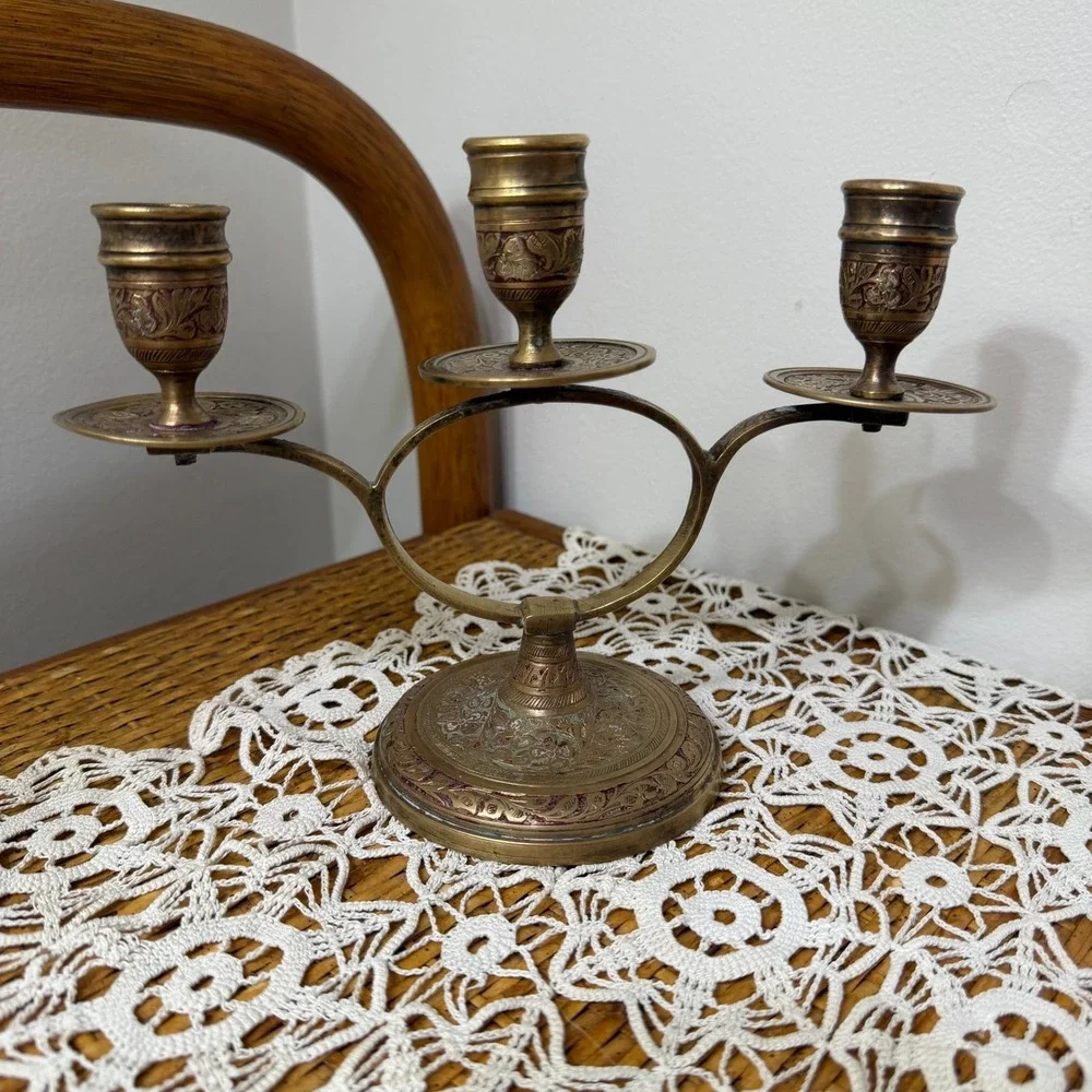 Vintage Brass Candelabra 3 Arm Engraved Floral India Candle Holder Patina