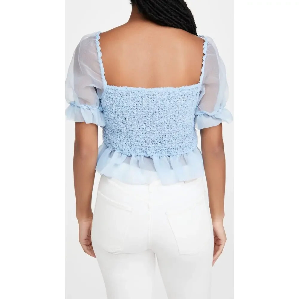 STAUD Cannon Organza Smocked Top Women's Small Blue Puff Sleeve Blouse NWT