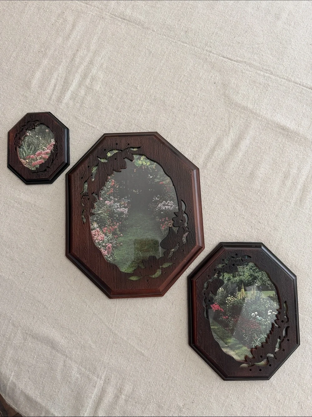 Vintage Faux Wood Octagonal Ornate Cutout Floral Picture Frames Set of 3