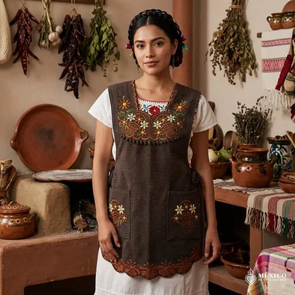 Brown Mexican Embroidered Smock Apron – Floral Traditional Design