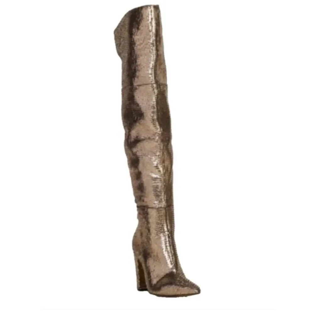 Vince Camuto Minnada Over The Knee Boots in Warm Pewter Met Cut Gem Size 6.5