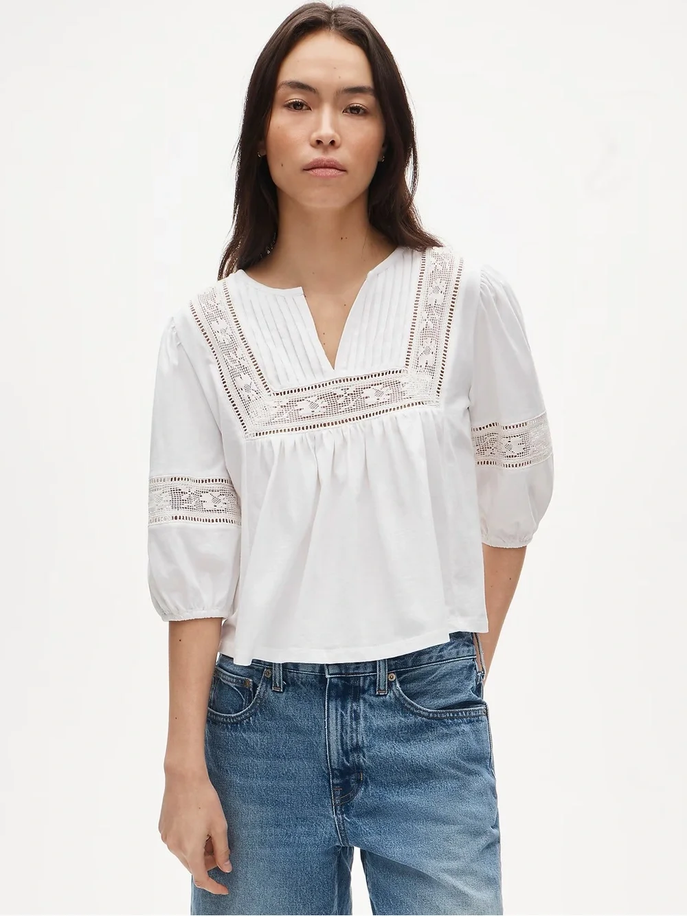 J Crew Lace-trim puff-sleeve shirt in broken-in jersey