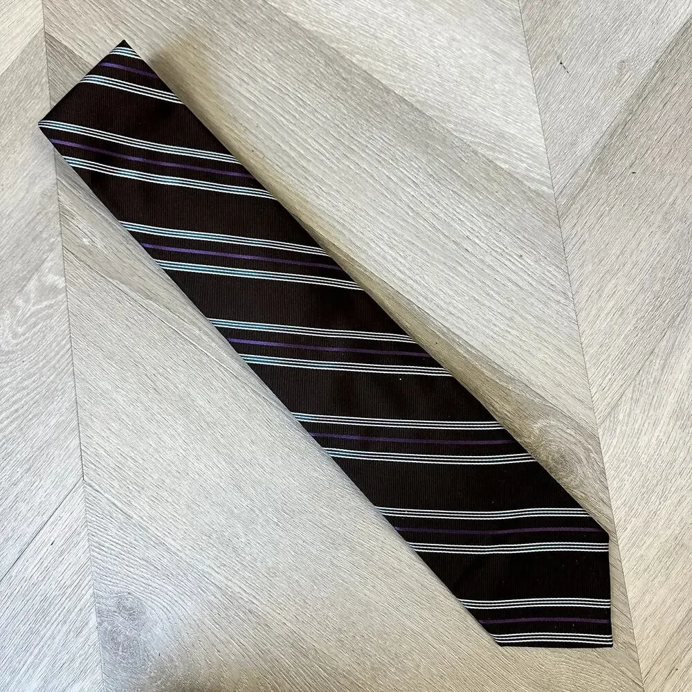 Hickey Freeman Brown Diagonal Stripe Silk Tie Blue White Purple